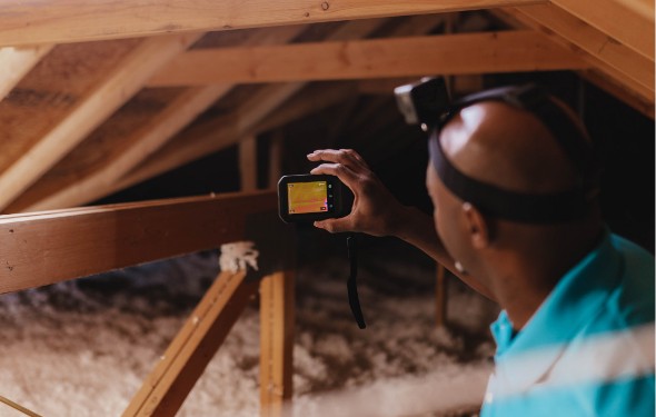 An iFOAM BIBS insulation contractor using a thermal camera in an attic