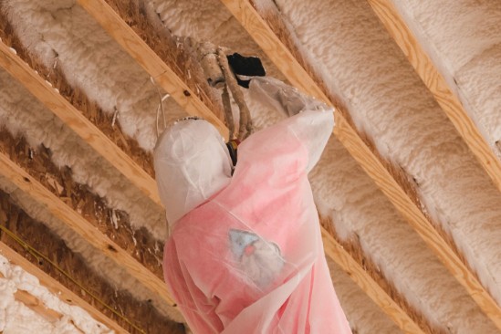 An iFOAM insulation contractor applying spray foam in an attic